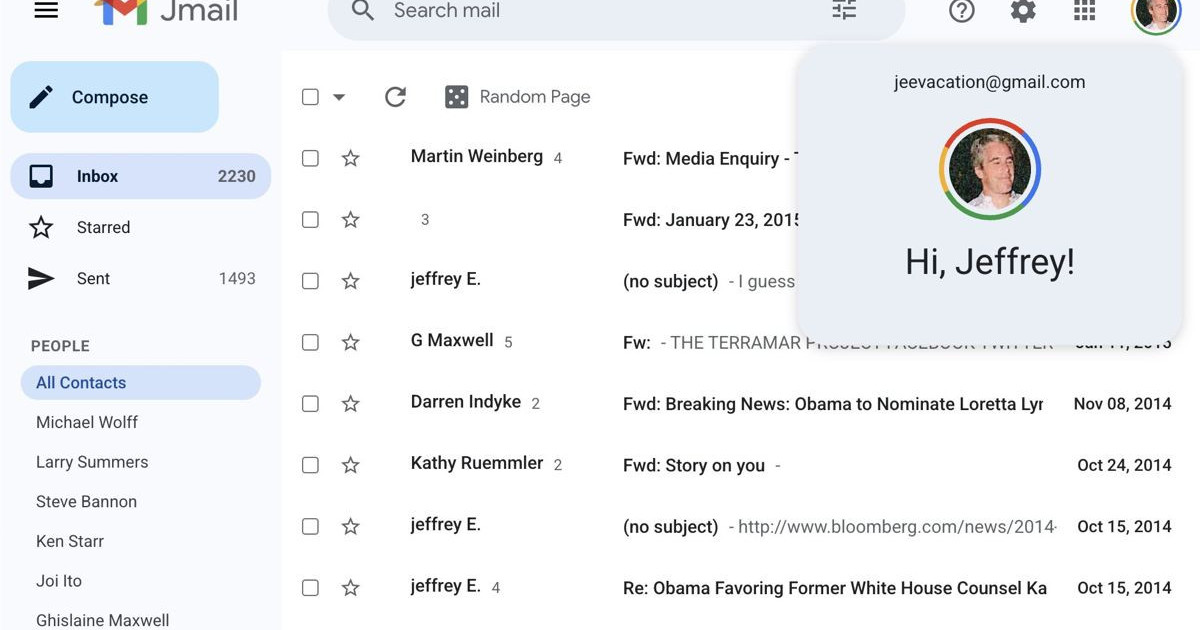 ジェフリー・エプスタインの有名なメールが Gmail 形式で利用可能