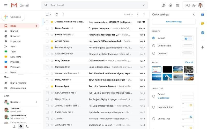 Gmail: Νέο μενού γρήγορων ρυθμίσεων για τη web έκδοση της υπηρεσίας